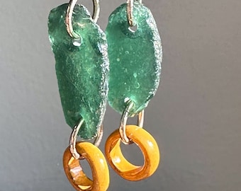 Sterling Silver Handcrafted Dangle Drop Earrings with Roman Glass and Artisan Ceramic Rings