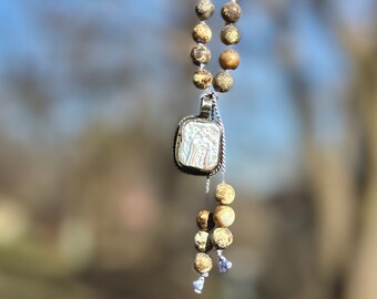 Boho Style Hand-Knotted Handmade Beaded Necklace Featuring Matt Jasper Stones and a Silver Metal Pearl Double Sided Pendant Browns Yellows