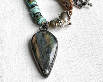 Genuine Natural Turquoise & Keshi Pearl Beaded Necklace featuring an Artisan Crafted Soft Soldered Labradorite Pendant