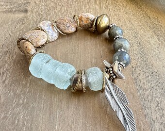 Unique Stackable Jasper Coin and Sea Glass Stretch Bracelet accented with Sterling Silver and Mixed Metal Accents