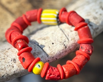 Colorful Tribal Beaded Stretch Bracelet in Reds and Yellows featuring a Chevron & Evil Eye Bead