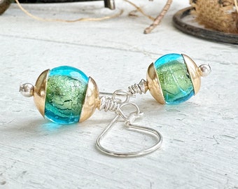 Artisan Dichroic Glass Beads with Sterling Ear wires and Vintage Brass Caps Blues and Greens