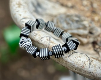 Beetle Juice Inspired One-Of-A-Kind Handmade Art Deco Stretch Bracelet where retro charm meets modern elegance