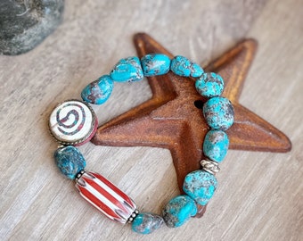 Genuine Turquoise Beaded Stretch Bracelet With Vintage Chevron Bead Tibetan Shell Inlay Bead and Sterling Silver Findings