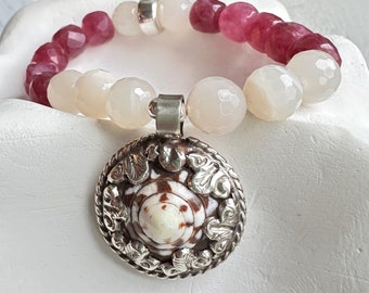 Moonstone & Jade Stretch Bracelet with Tibetan Snail Shell Pendant Charm with a touch of Sterling Silver accents
