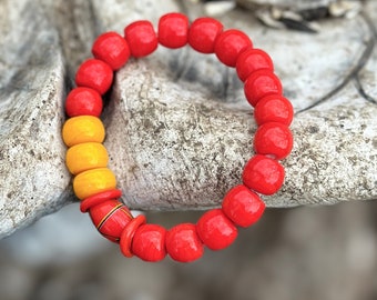 Colorful Tribal Beaded Stretch Bracelet in Reds and Yellows