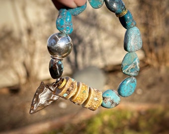 Handmade Turquoise Beaded Stretch Bracelet with Sterling Silver with a Rustic Brown Pewter Arrowhead Charm