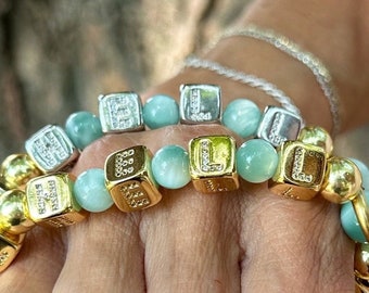 What the Hell Beaded Stretch Bracelet 18 K Gold Plated Over Brass Pave Square Beads Green Moonstone & Hematite Beads