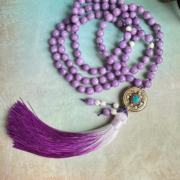 Hand-Knotted 108 Bead Traditional Style Mala Necklace with Purple Jade Beads a Tibetan Guru Bead Carved Rosettes and Ombre Tassel