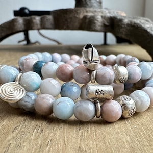 Pink and Blue Agate Beaded Stretch Bracelets with Karen Hill Tribe Charms Set of 3 Bracelets BONUS Child Size Bracelet FREE