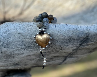 Boho Style Hand-Knotted Handmade Dendritic Opal Beaded Layering Necklace Featuring An Artisan Soft Soldered Heart Pendant