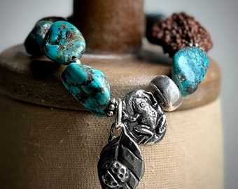 Expect The Unexpected With Unique Genuine Turquoise Beaded Stretch Bracelet with Artisan Pewter Charms Sterling Silver and a Rudraksha Bead