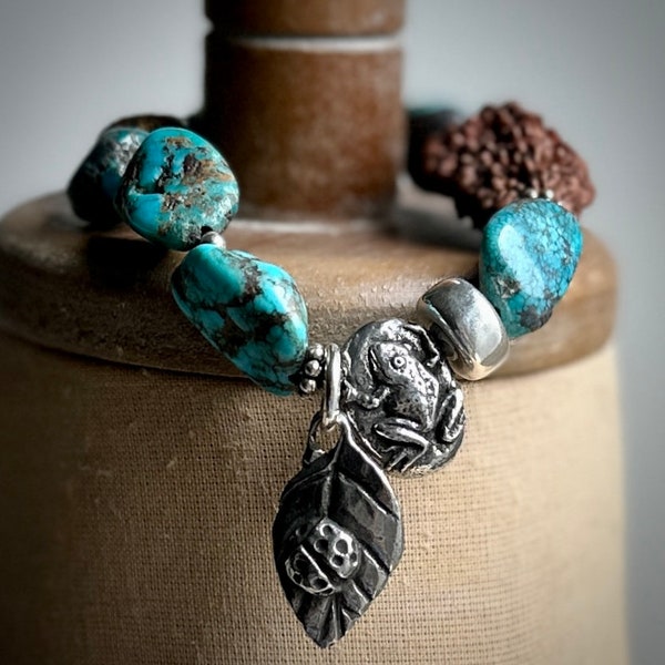 Expect The Unexpected With Unique Genuine Turquoise Beaded Stretch Bracelet with Artisan Pewter Charms Sterling Silver and a Rudraksha Bead