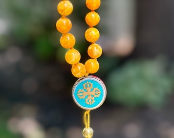 Hand Knotted Yellow Jade Mala Necklace with Tibetan Inlay Guru Bead