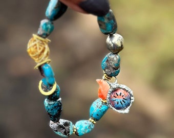 Handmade Kokopelli Theme Design Turquoise Beaded Stretch Bracelet with Sterling Silver Beads and Charm