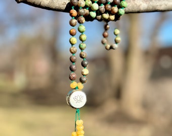 Boho Style Hand-Knotted Handmade Beaded Necklace Featuring Matt Jasper Faceted Jade Stones and a Tibetan OM Lotus Turquoise Shell Bead