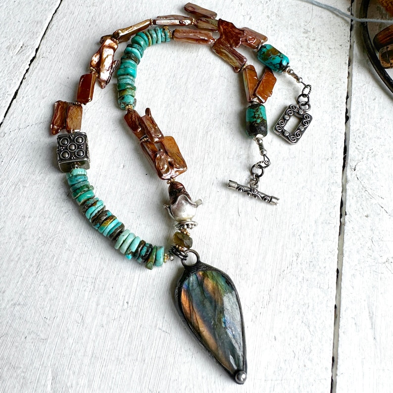 Genuine Natural Turquoise & Keshi Pearl Beaded Necklace Featuring an ...