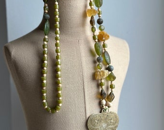 Hand-Knotted Handmade Extra Long Mixed Beaded Necklace Featuring a Dynamic Brass Heart Focal Pendant