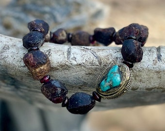 Turquoise and Raw Garnet Bracelet