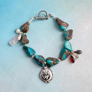 Handmade Artisan Turquoise Beaded Bracelet Featuring a Phoenix Soft Soldered Artisan Charm Sterling Silver Toggle & Gemstone Accent Beads