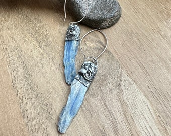 Artisan Handmade Soft Soldered Blue Kyanite Stick Bead Brutalist Earrings with Sterling Silver Ear Wires