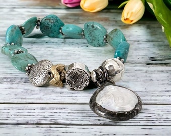 Genuine Turquoise Beaded Stretch Bracelet Sterling Silver Brass & Soft Soldered Coin Pearl Charm Unique Boho Style Southwestern Vibes