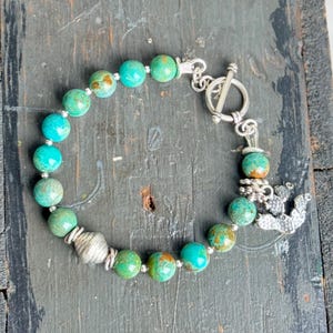 Artisan Handcrafted OOAK Sterling Silver + Turquoise Beaded Bracelet featuring a Vintage Sterling Silver Prickly Pear Charm
