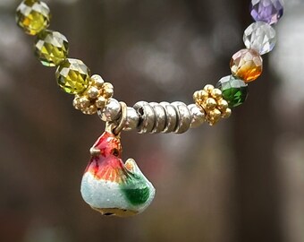 Multi Wrap Layering CZ Beaded Bracelet featuring a Vintage Enameled Duck Charm