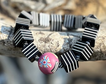 One-Of-A-Kind Handmade Art Deco Black and White Beaded Stretch Bracelet with Polymer Clay Focal