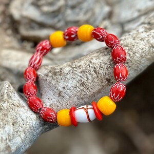 Colorful Tribal Beaded Stretch Bracelet in Reds and Yellows featuring a Chevron Beads