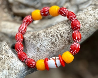 Colorful Tribal Beaded Stretch Bracelet in Reds and Yellows featuring a Chevron Beads