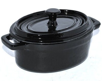 Black Enamel Cast Iron Stock Pot Herbs Oval Small 16cm x 9.5cm x 7.5 Cooking Pot