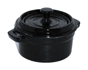 Black Enamel Cast Iron Stock Pot Herbs Small 13cm x 7.5cm Cooking Pot Dutch Oven