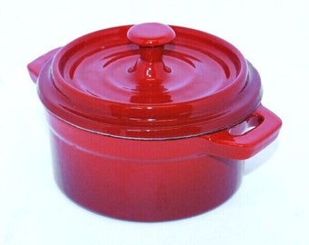 Red Enamel Cast Iron Stock Pot Herbs Small 13cm x 7.5cm Cooking Pot Dutch Oven