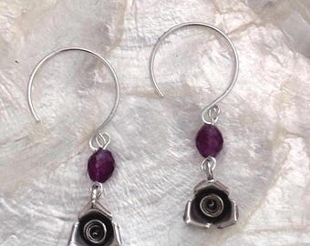 Boho Chic Jewelry: Rhodolite Garnet and Hill Tribe Silver Rose Charm Drop Earrings