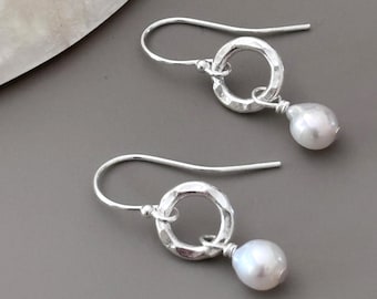Karen Hill Tribe Silver Hammered Open Circle and Freshwater Pearl Drop Earrings