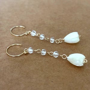 Dainty Gold Filled Carved MOP Pikake Jasmine Dangle Earrings, Wedding Jewelry