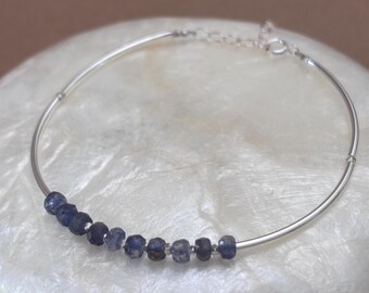 Minimalist Jewelry: Dainty Sterling Silver Tube and Iolite Rondelle Beaded Bracelet