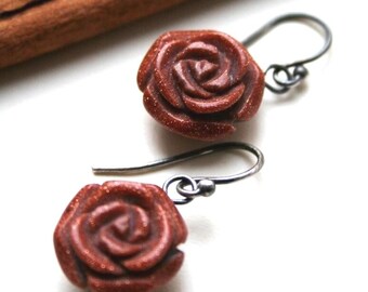 Oxidized Sterling Silver and Carved Gold Stone Rose Drop Earrings