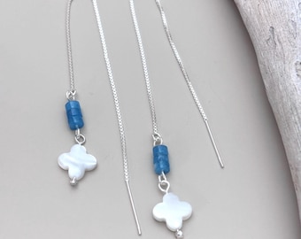 Sterling Silver Apatite and MOP Clover / Quatrefoil Long Drop Threader Earrings