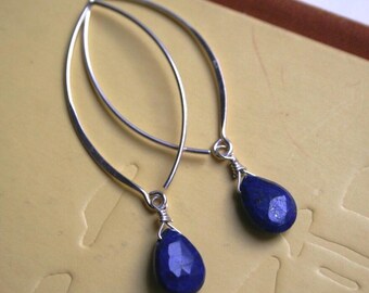 Long Drop  Gemstone Wirewrap Earrings: Sterling Silver Marquis Earwire and Lapis Briolette