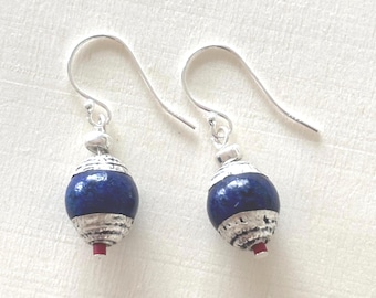 Silver Capped Lapis Lazuli and Seed Beads Earrings
