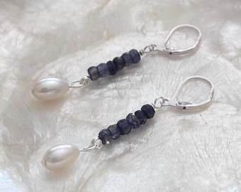 Sterling Silver Iolite Stack and Freshwater Pearl Drop Earrings