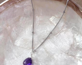 Layering Jewelry: Sterling Silver and Wire Wrapped Amethyst Briolette Pendant Necklace