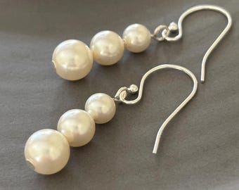 Sterling Silver Graduated Swarovski Pearl Drop Earrings
