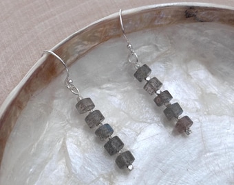 Minimalist Jewelry: Sterling Silver and Labradorite Stack Drop Earrings