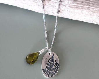 Botanical Jewelry: Sterling Silver Fern Pendant and Cubic Zirconia Charm Necklace