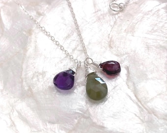 Gemstone Charm Cluster Necklace: Sterling Silver, Amethyst, Garnet, and Vessonite