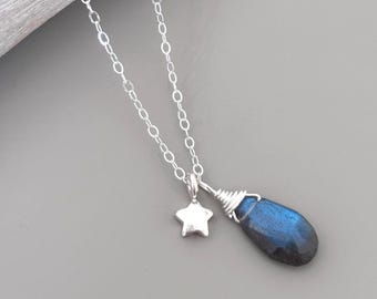 Blue Flash Labradorite and Thai Karen Hill Tribe Silver Star Charm Necklace