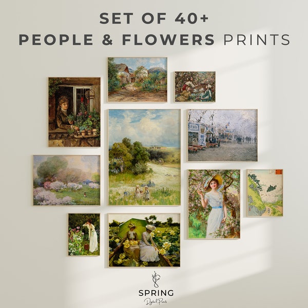 40+ People and Flowers Vintage Paintings | People and Flower Wall Art | Flower Garden Paintings | Vintage Spring Gallery Wall Set